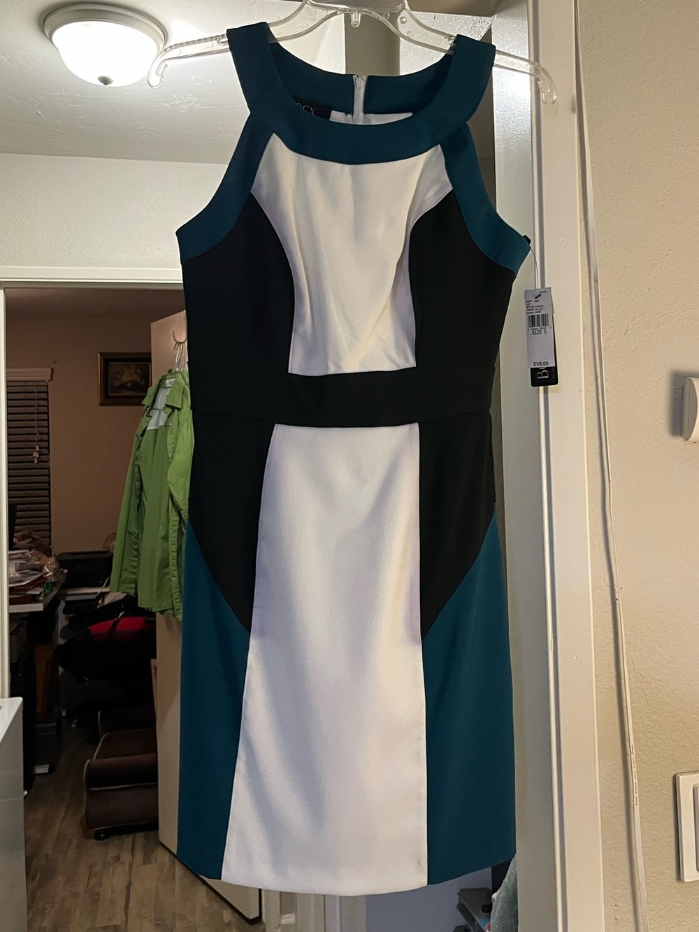 New BCX Size 5 Color Block Sheath Dress in Teal, Black & White
